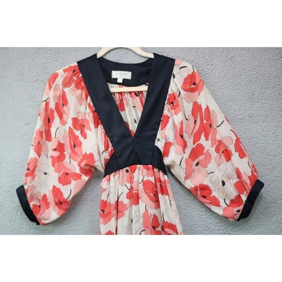 Moulinette Soeurs-Anthropologie Sheer Poppy Dress-Size 0-Satin Trim-100% Silk - Picture 2 of 6